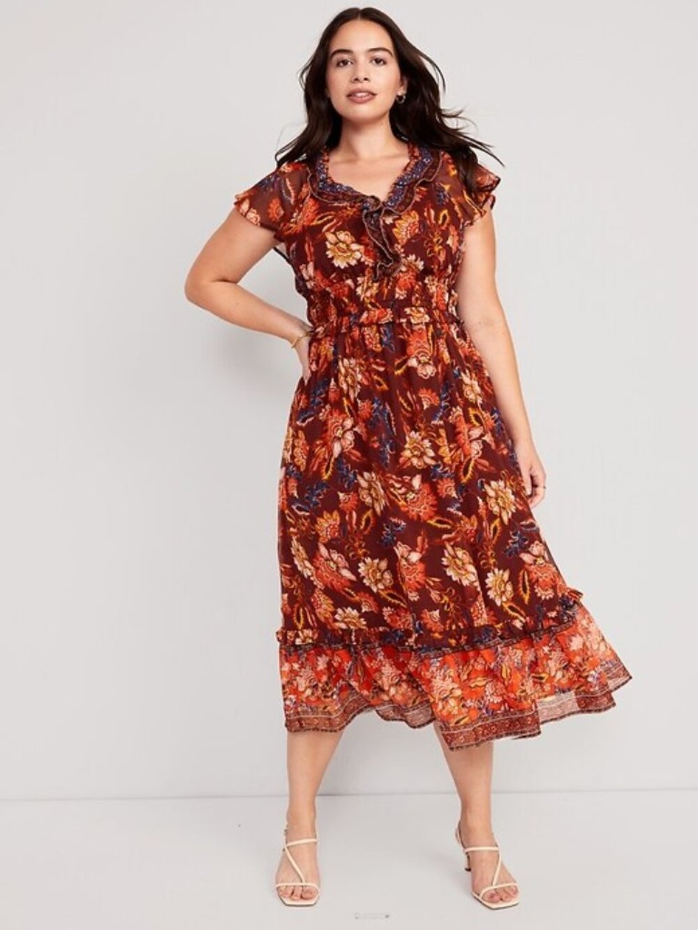 Old Navy Flowy Floral Boho Maxi Dress Rust Brown Ruffle Neck Size XL